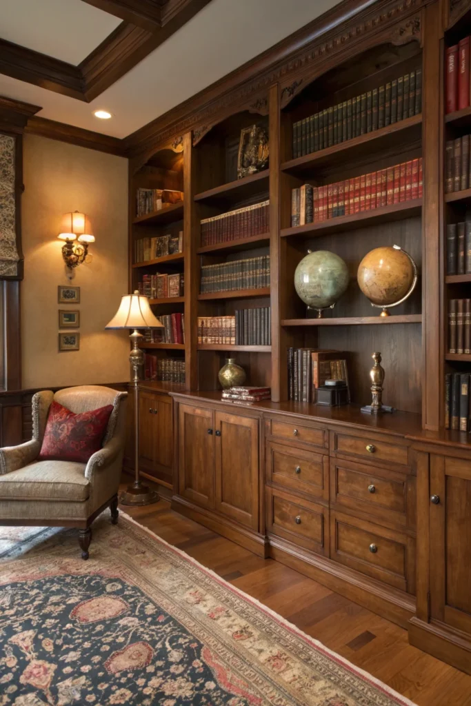 Traditional home office with floor-to-ceiling wooden bookshelves filled with leather-bound books, vintage globes, and antique vases. Includes a mahogany credenza with brass handles, a Persian rug, and a cozy armchair with a side table and reading lamp