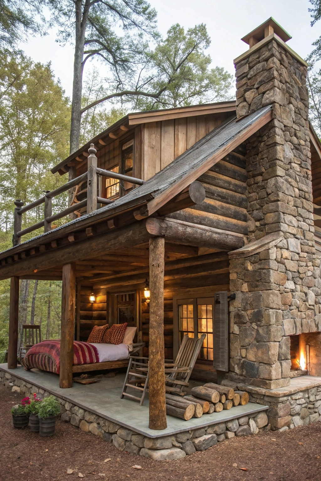 Traditional log cabin with exposed wooden beams, a stone fireplace, and a loft bedroom overlooking the forest