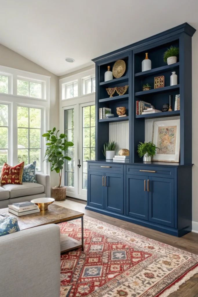 Vibrant living room with bold navy blue cabinets as the focal point. The cabinets have open shelves displaying gold accents, white ceramics, and greenery. Neutral walls and furniture balance the bold color, creating a lively yet harmonious space.