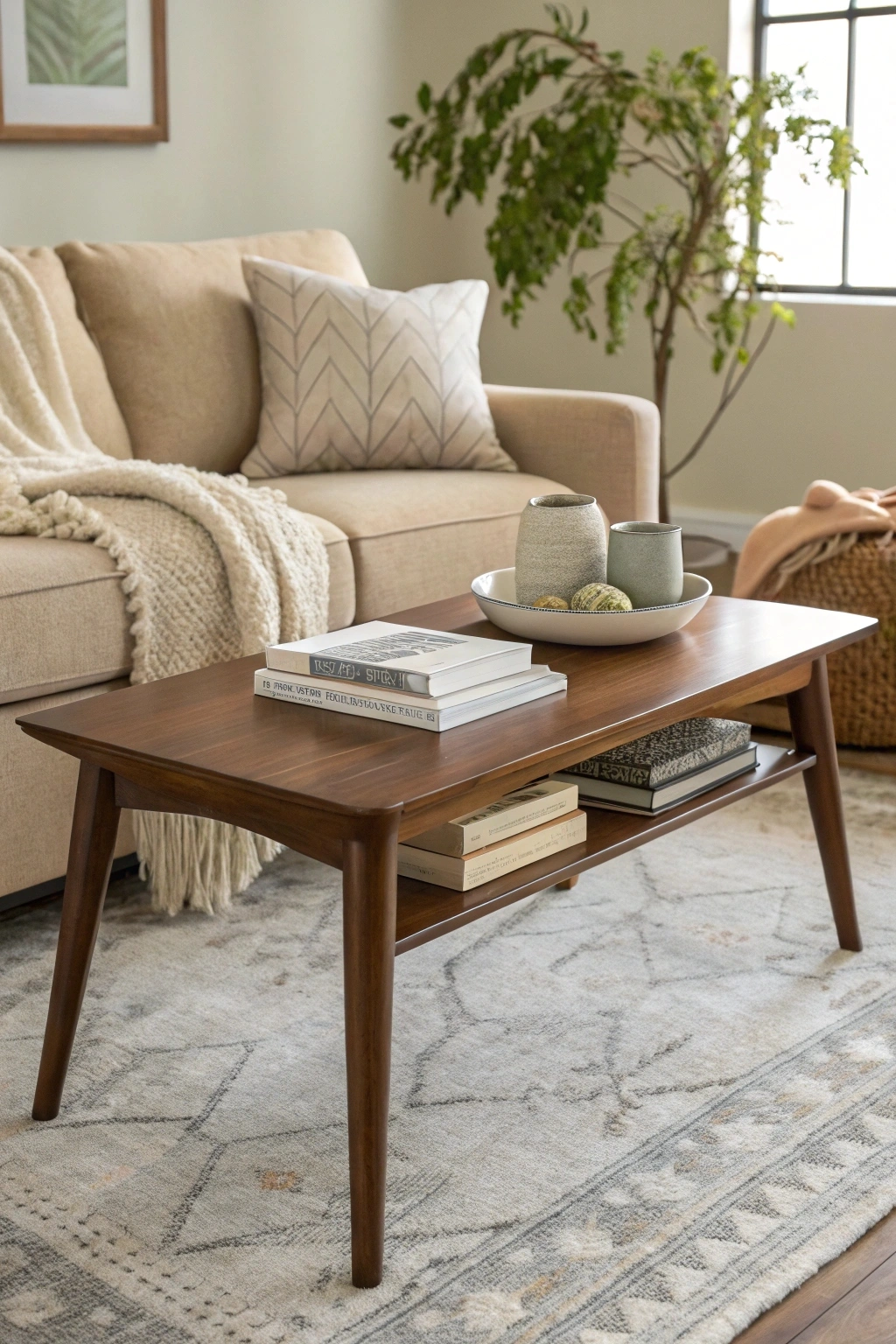 cozy living room with a West Elm mid-century coffee table in walnut finish and tapered legs, styled with a beige sofa, textured throw, and potted plants.