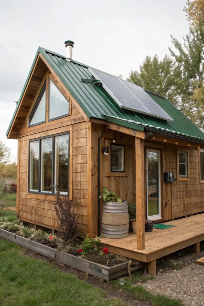 Eco-friendly tiny cabin exterior with a green roof, reclaimed wood, and energy-efficient materials. Solar panels, large windows, and a small garden emphasize sustainability and connection to nature