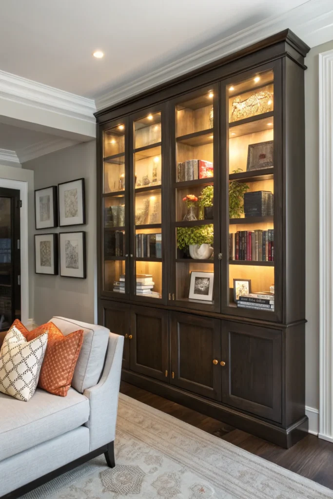 Elegant living room with glass-front cabinets in a dark wood frame. The cabinets display books, art pieces, and decorative objects, with hidden storage behind closed doors. Warm LED lighting highlights the decor, creating a cozy and sophisticated atmosphere.