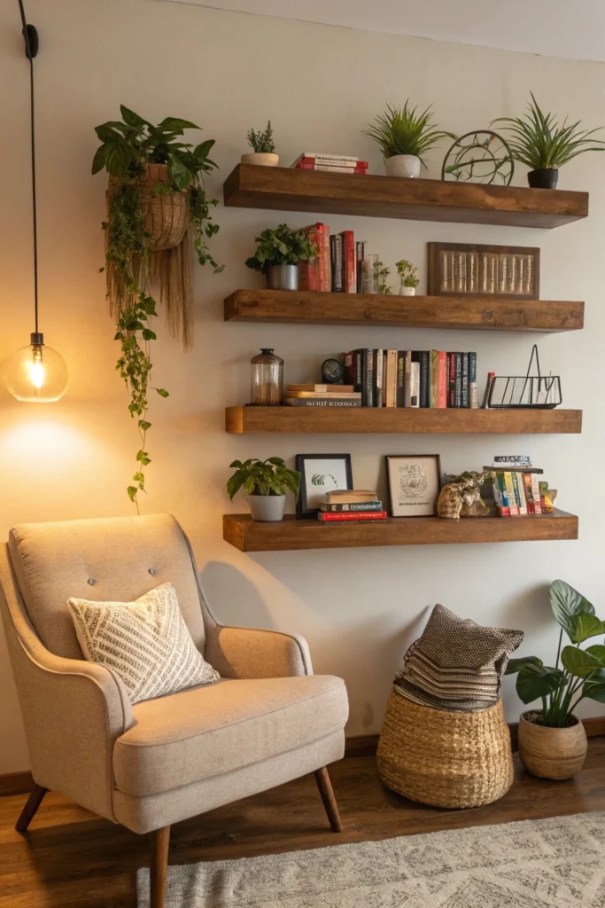 Floating wooden shelves filled with books, decorative plants, and trinkets, mounted on a light-colored wall. Cozy armchair and soft rug below with warm lighting.