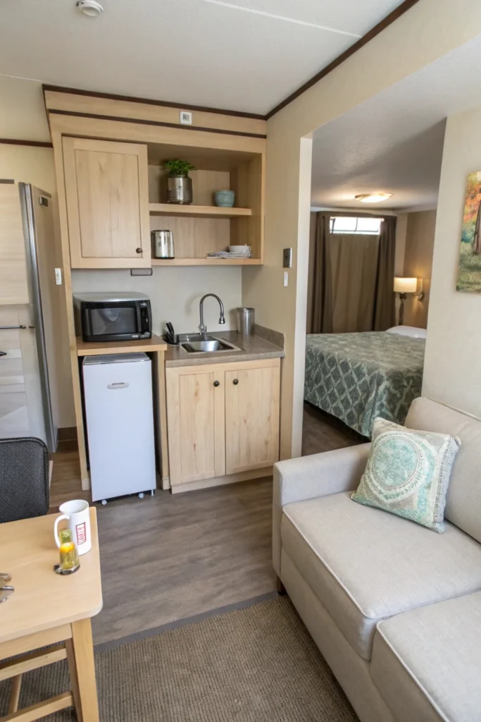 Compact guest house interior with a small kitchenette, Murphy bed, and cozy seating area. Light colors, simple furniture, and built-in storage create a welcoming and functional space.