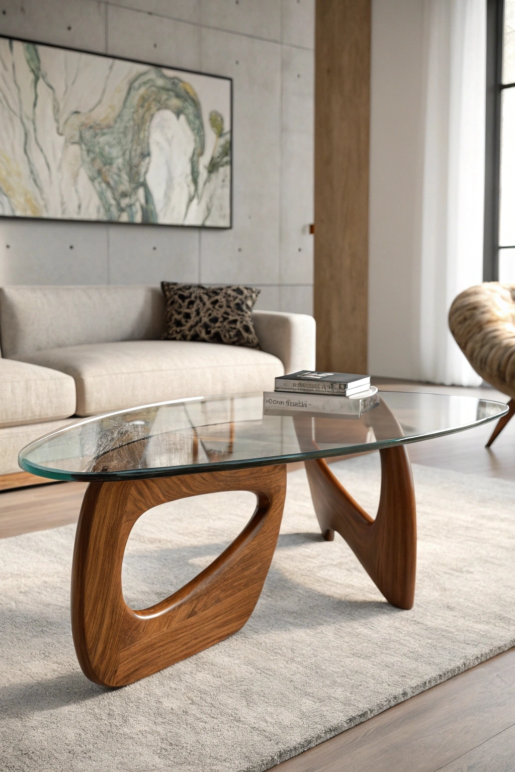 minimalist living room featuring the iconic Noguchi coffee table with an organic glass top and interlocking wooden legs, paired with a modern sofa and abstract wall art