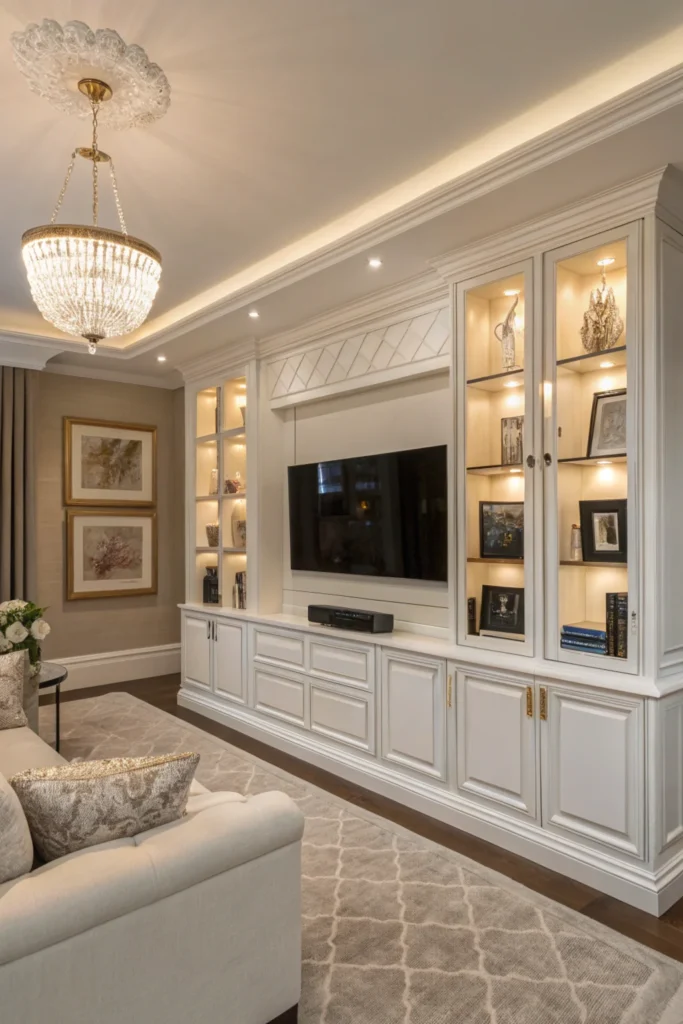 Luxurious living room with custom-built cabinets in glossy white. The cabinets feature pull-out trays, hidden compartments, and integrated lighting. The room is sophisticated, with a modern sofa, statement chandelier, and curated decor like art pieces and designer books