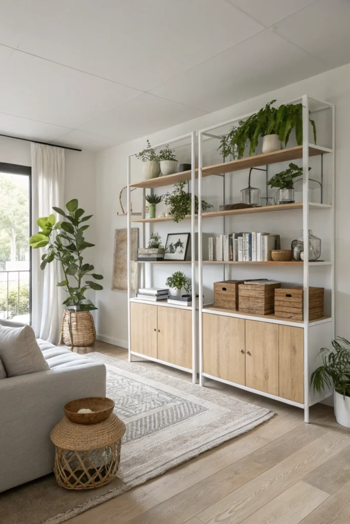 Minimalist living room with open shelving cabinets in light wood. The shelves display plants, books, and decorative objects in a balanced, clutter-free arrangement. The room feels airy and spacious, with a neutral color palette and natural light