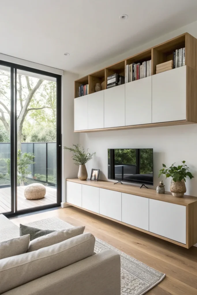 Modern living room with sleek, wall-mounted floating cabinets in light wood finish. The cabinets are minimalist, featuring a small potted plant, a stack of books, and a decorative vase. Large windows let in natural light, creating a bright and airy space