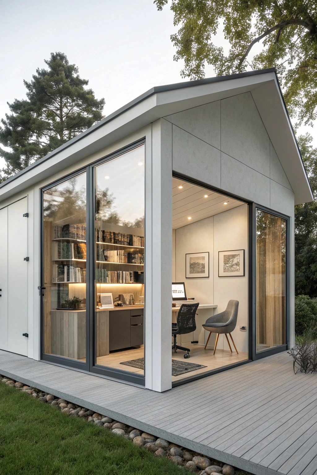 Sleek modern cabin with clean lines, large glass windows, and a loft office flooded with natural light