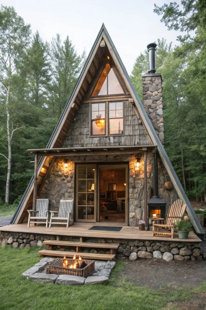 Rustic A-frame tiny cabin exterior with a steeply pitched roof, large front porch, and natural wood and stone materials. A wood-burning stove and lofted bedroom add warmth and privacy