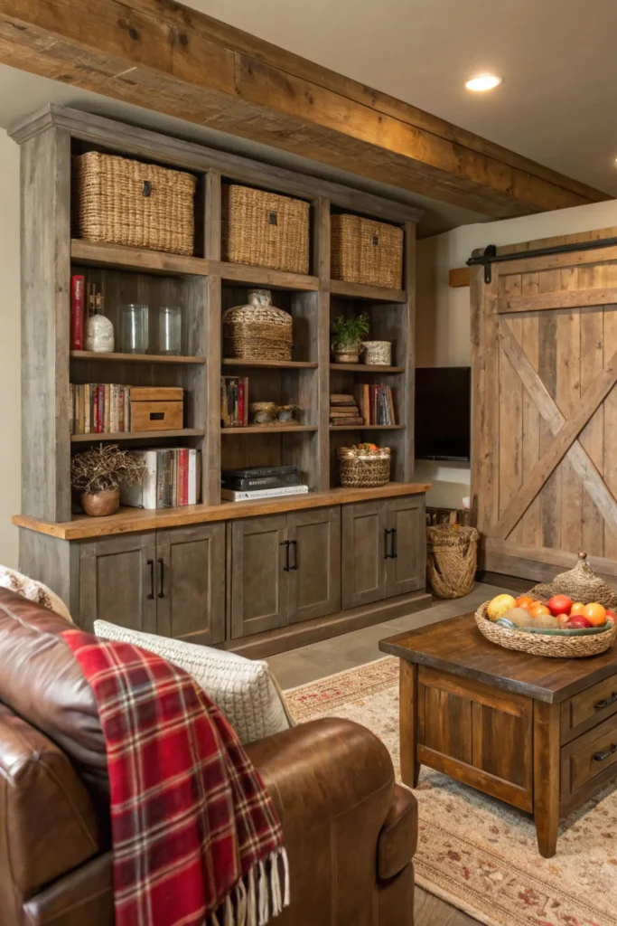 Rustic living room featuring reclaimed wood cabinets with a distressed finish. Open shelves hold mason jars, vintage books, and woven baskets. The room has a farmhouse vibe with a leather sofa, plaid throw blanket, and warm, earthy tones.