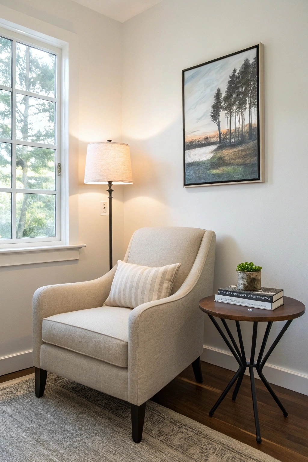 Simple and elegant minimalist reading nook featuring a neutral-toned armchair, sleek side table, and clean decor.