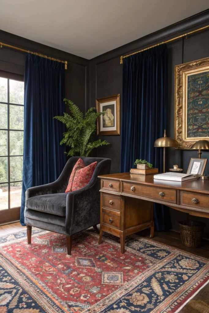 Traditional home office with a plush Persian rug, a velvet armchair, and heavy silk curtains in deep navy blue. Includes a leather-topped wooden desk, a gold-framed painting, a potted fern, and a soft throw blanket for a cozy touch.