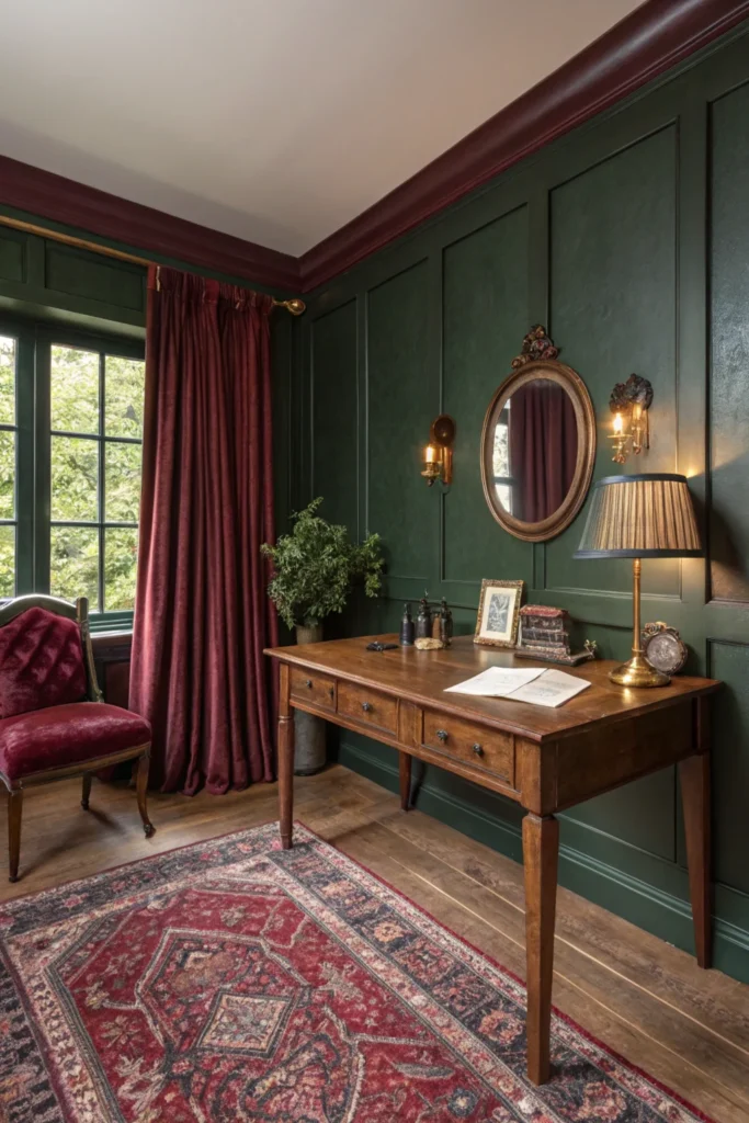 Cozy traditional home office with deep burgundy walls and forest green accents. Features a wooden desk, a Persian rug with intricate patterns, and velvet curtains. Warm lighting from a bronze table lamp, a gold-framed mirror, and a potted plant complete the scene.