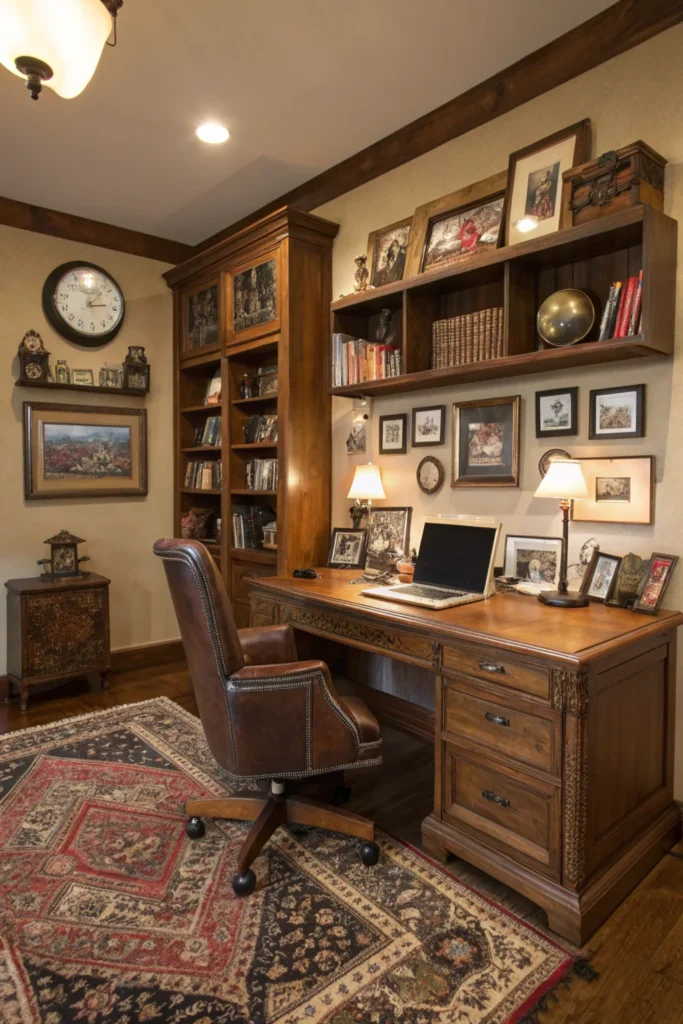 Personalized traditional home office with a wooden desk, a leather chair, and a bookshelf filled with family photos, travel souvenirs, and personal mementos. Features a Persian rug, warm lighting, and a mix of antique and modern decor like a vintage clock and a sleek laptop.