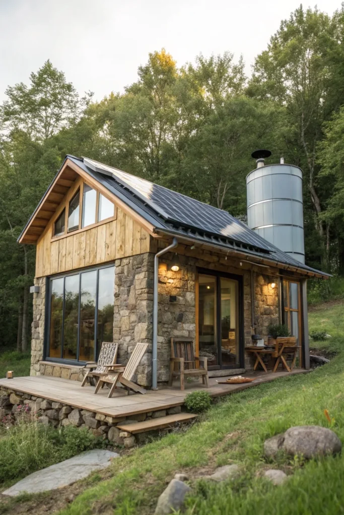 Off-grid tiny cabin exterior surrounded by nature, featuring solar panels, a rainwater collection system, and large windows. Sustainable materials like reclaimed wood and stone create a rustic, eco-friendly look.