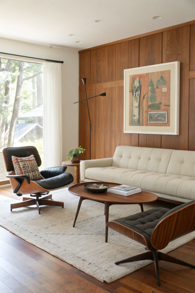 A mid-century modern living room featuring an Eames lounge chair, Noguchi coffee table, and sleek sofa with tapered legs in warm wood tones and neutral colors.