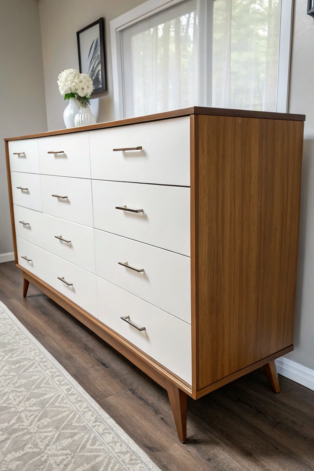 Spacious mid-century modern dresser with combination drawers and cabinets, providing ample storage in a large bedroom.