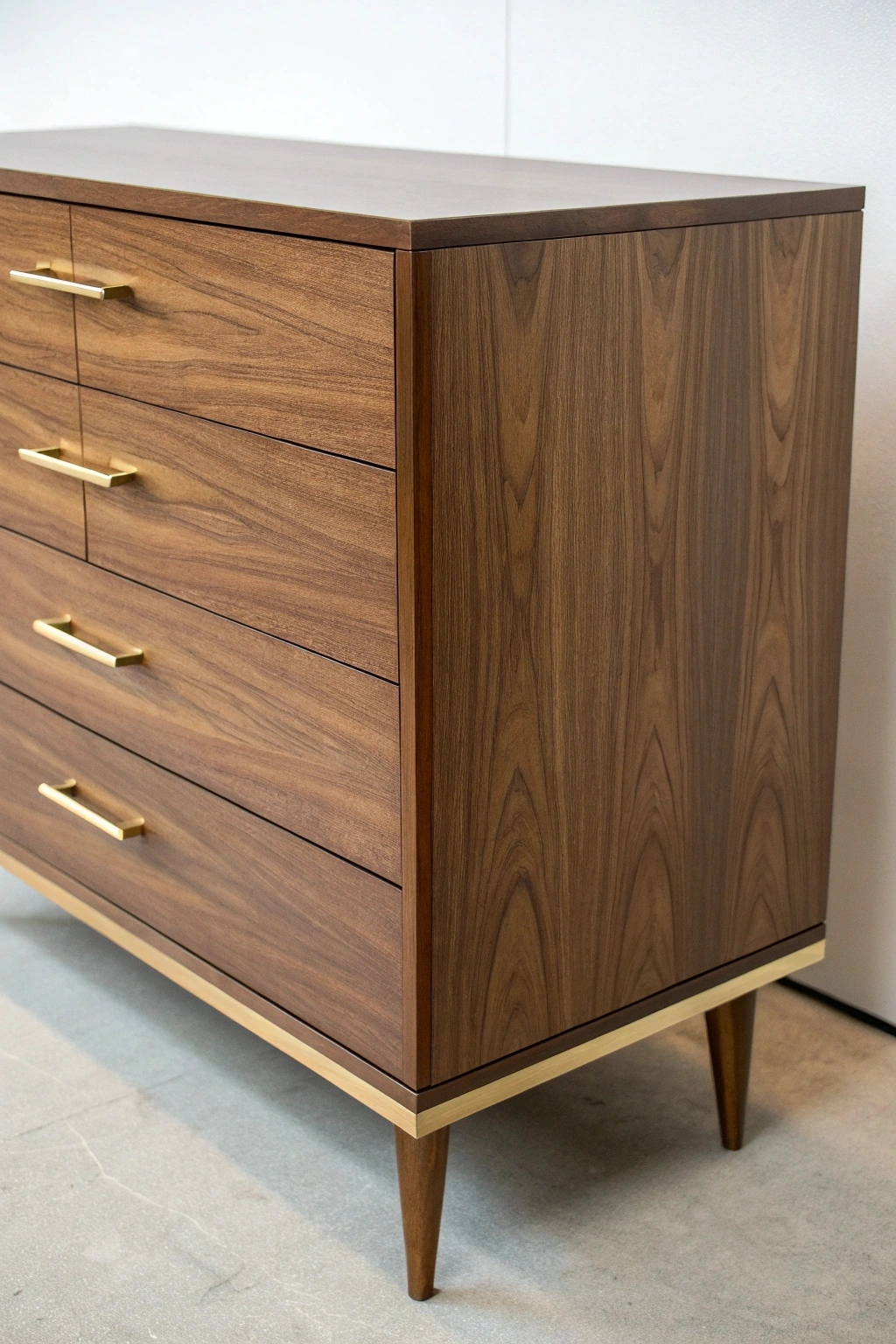 Close-up of brass drawer pulls on a walnut mid-century modern dresser