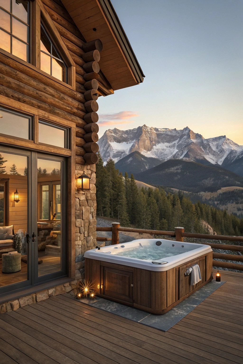 "Colorado Rocky Mountain log cabin interior-exterior view with premium hot tub and floor-to-ceiling windows"