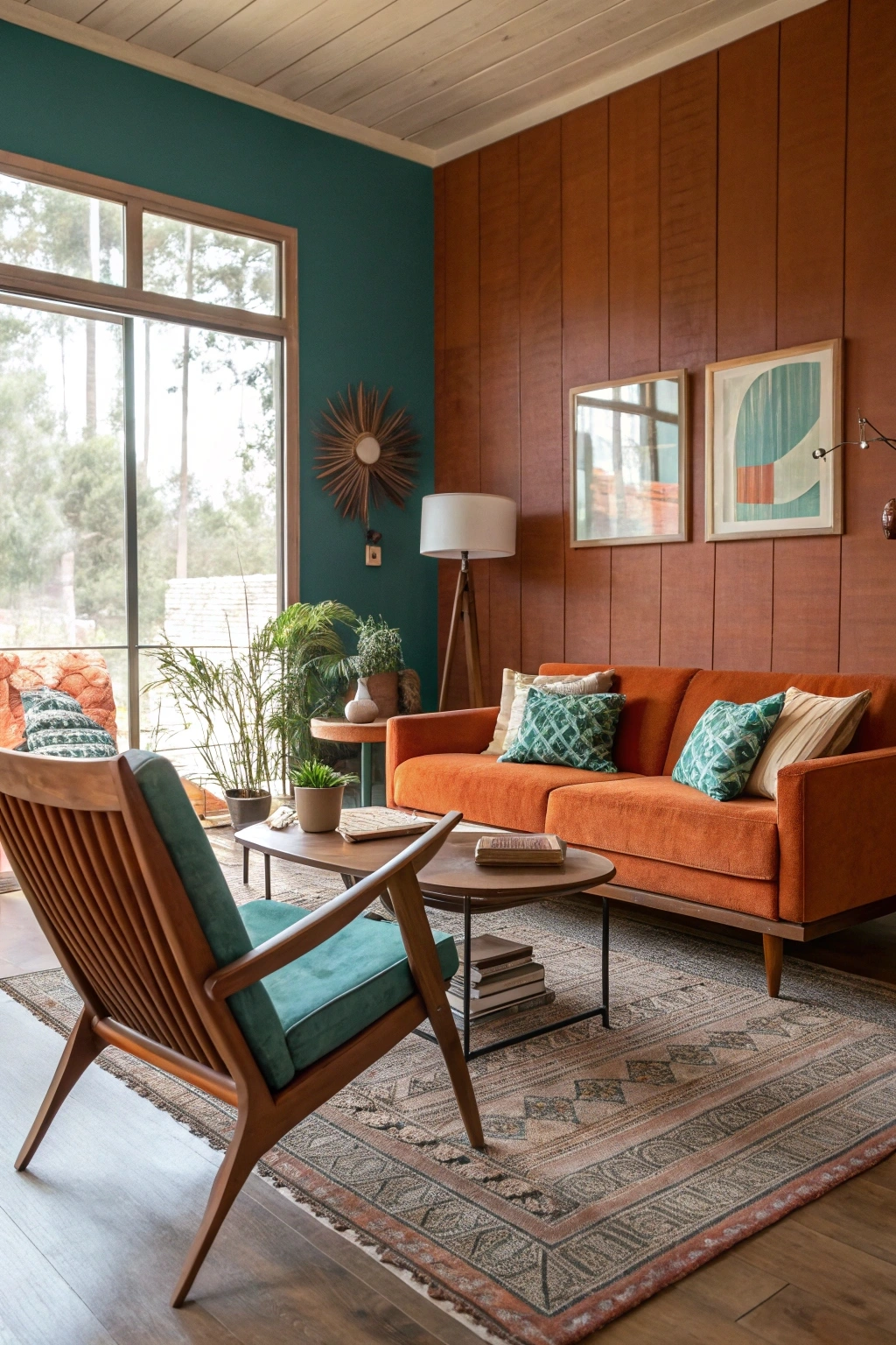 Mid-century modern living room with a color palette of burnt orange