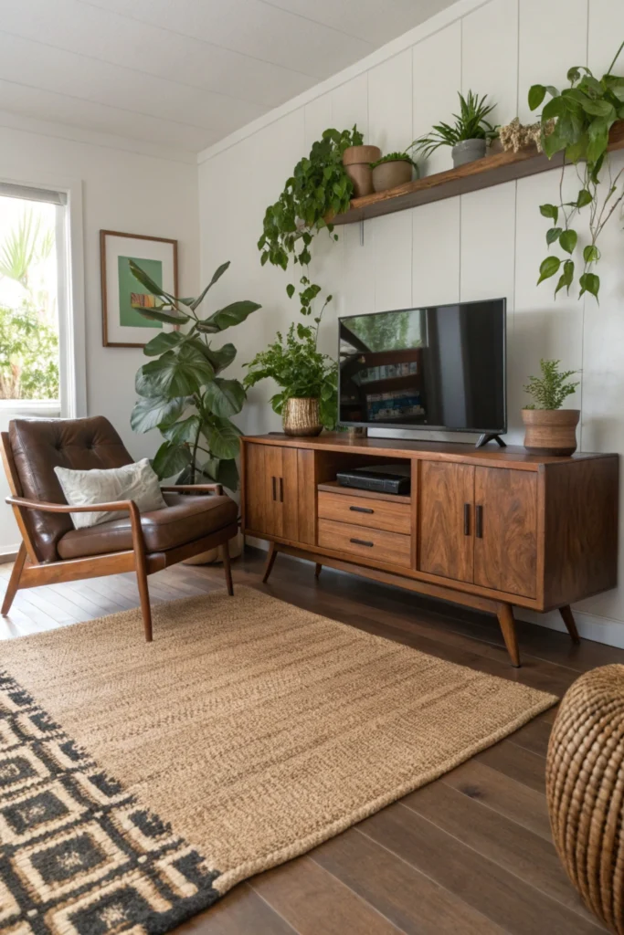 A mid-century modern living room with a walnut media console, leather armchair, jute area rug, and indoor plants for a natural, organic vibe.