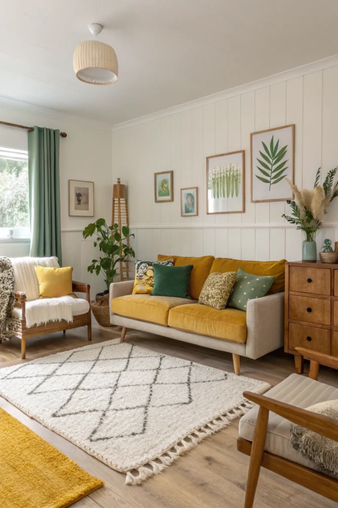 A cozy mid-century modern living room with warm whites, muted greens, and mustard yellows, featuring a plush rug and soft throw pillows for added texture