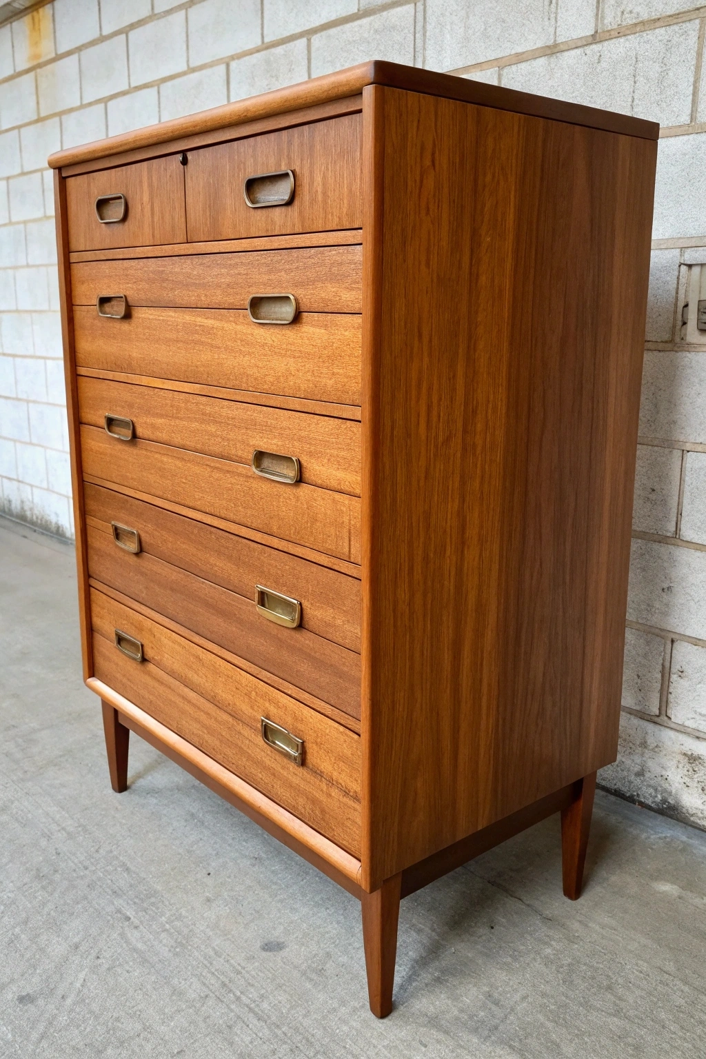 Detail of sculpted wooden drawer pull on a vintage teak mid-century modern dresser.