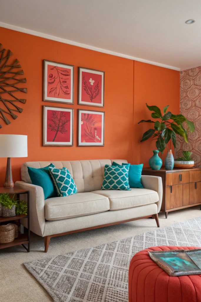 A vibrant mid-century modern living room with an orange accent wall, teal throw pillows, and red artwork, balanced by neutral furniture.