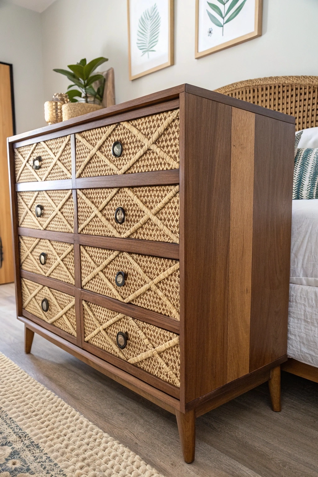 Unique mid-century modern dresser with caning detail on the drawers, styled in a bohemian-inspired bedroom.