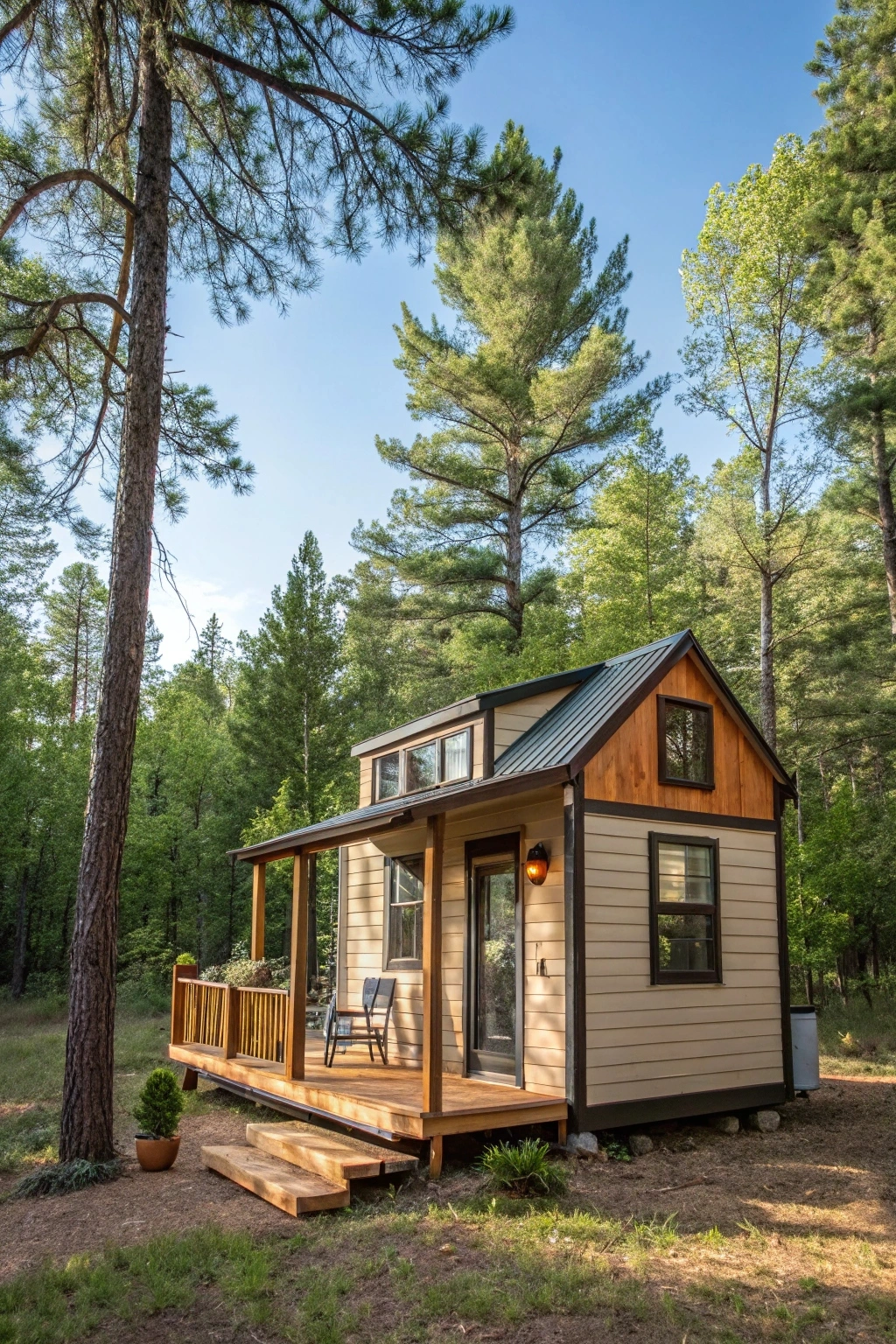 Compact tiny home cabin with space-saving stairs and a loft for storage or sleeping.