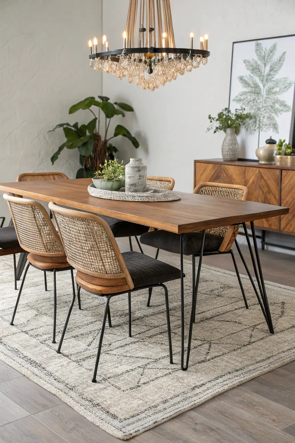 mid-century modern dining table with a wooden top and metal hairpin legs, accompanied by mixed-material chairs, a textured rug, and a statement chandelier above.