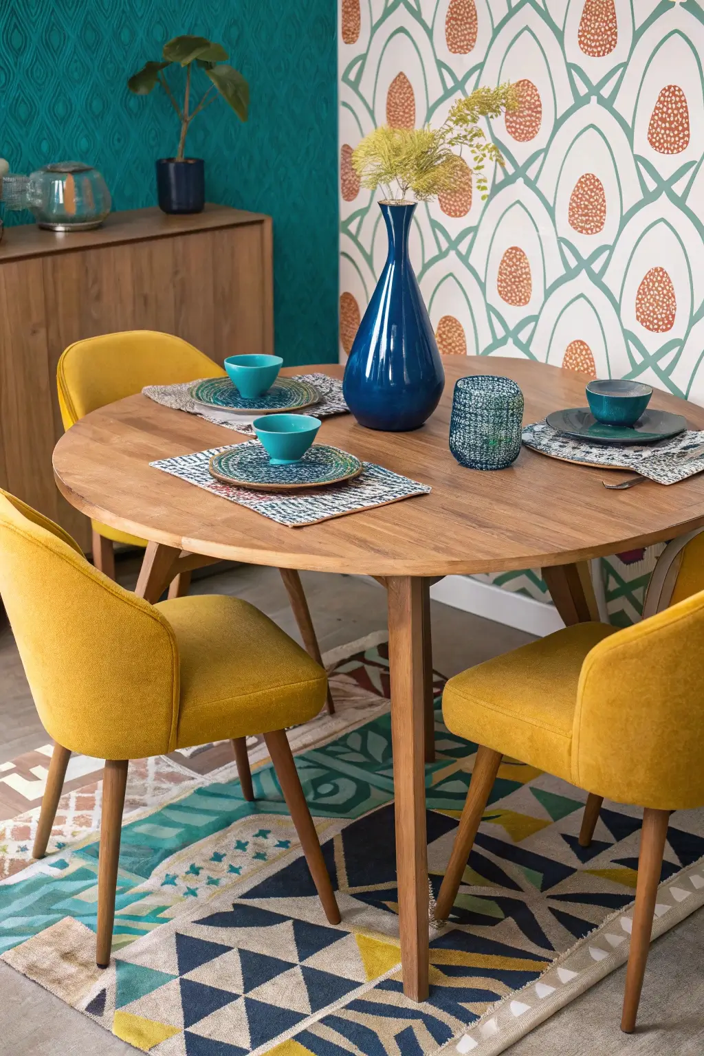 mid-century modern dining table with a wood top and mustard yellow chairs, accented by a cobalt blue vase and geometric placemats against a retro teal or terracotta wall.