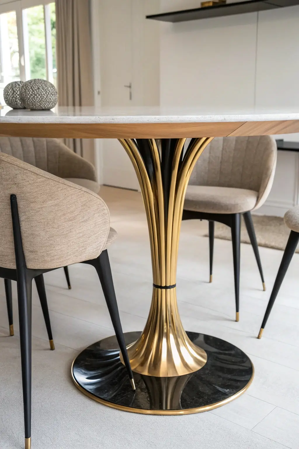 mid-century modern dining table with striking sculptural legs in polished brass or black metal, paired with muted-tone chairs against a clean, neutral backdrop.