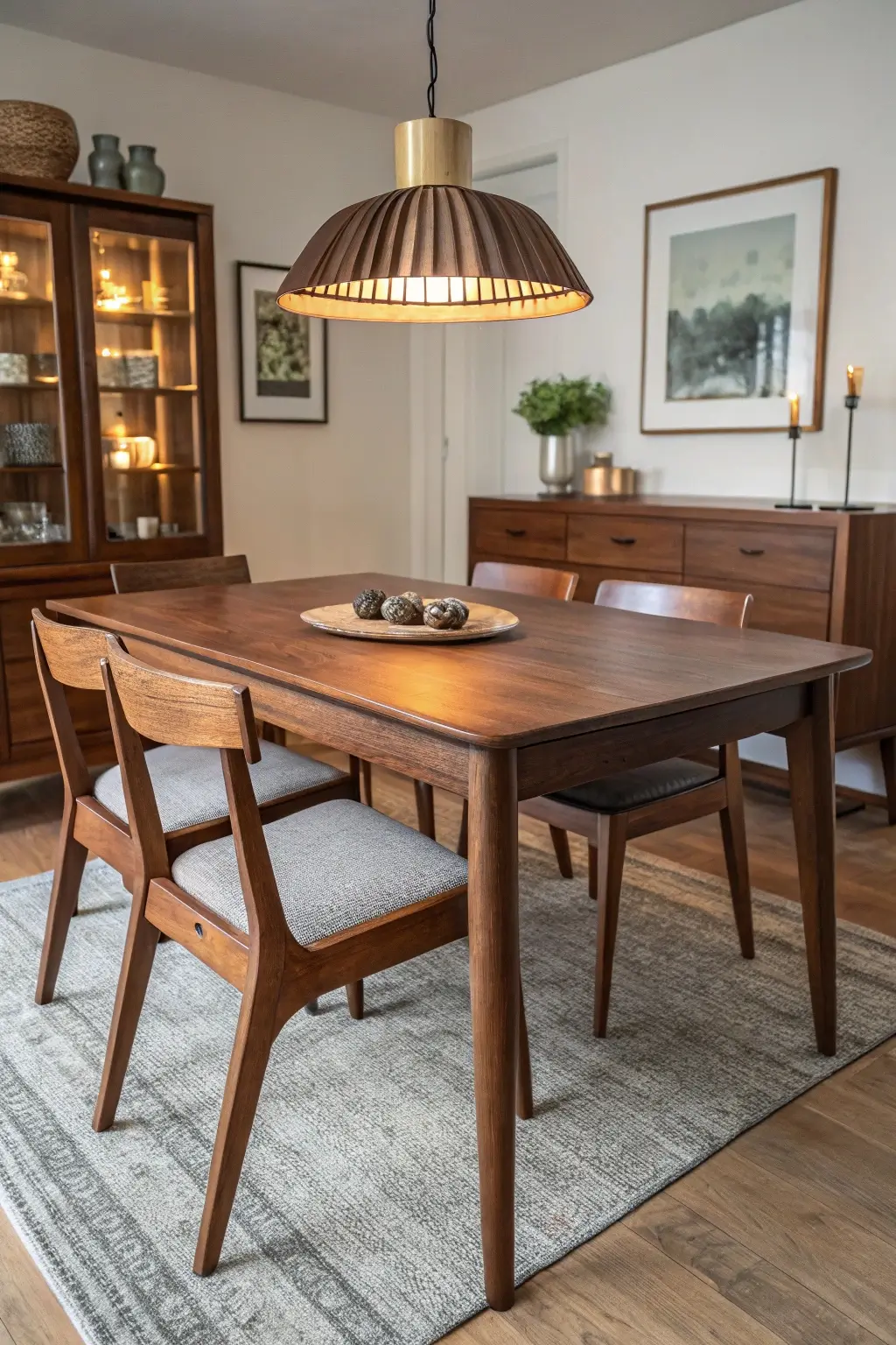 dark walnut extendable dining table partially extended, paired with matching wooden chairs, set in a cozy dining space with a pendant lamp and sideboard in view.