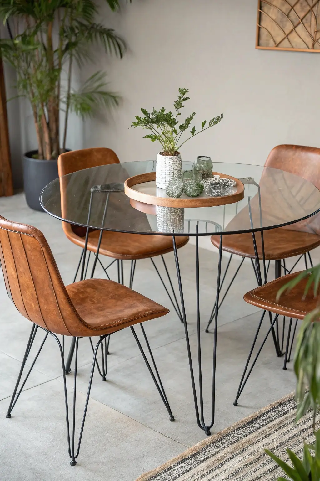 glass-top mid-century modern dining table with metal hairpin legs, surrounded by wooden chairs, featuring a small potted plant centerpiece in a neutral-toned, open dining area