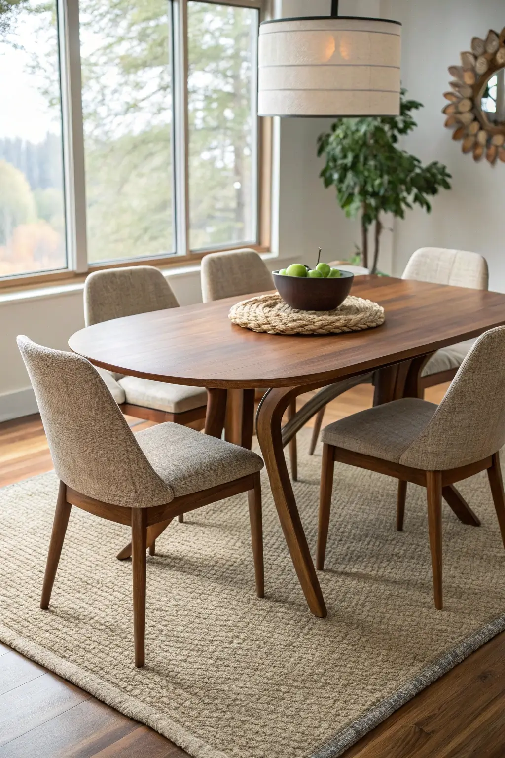 A warm walnut mid-century modern dining table with neutral upholstered chairs, set on a jute rug in a bright, minimalist dining space with natural light streaming through a large window.