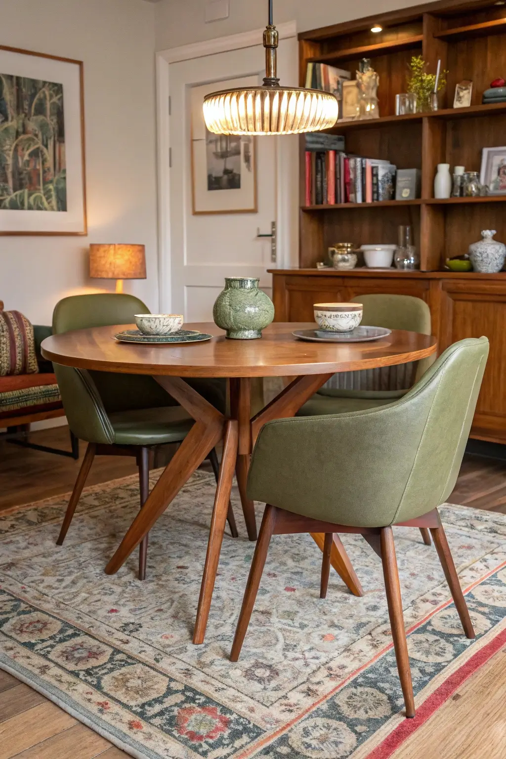 restored teak mid-century modern dining table with tapered legs and olive green vinyl chairs, set in a cozy dining nook with warm lighting, a patterned rug, and vintage decor.