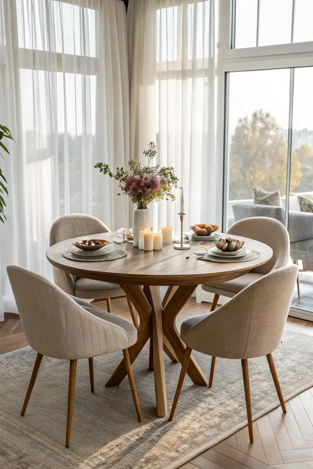 round mid-century modern dining table with curved edges and tapered legs, set with minimalist dinnerware and candles, placed in a bright dining nook with sheer curtains.