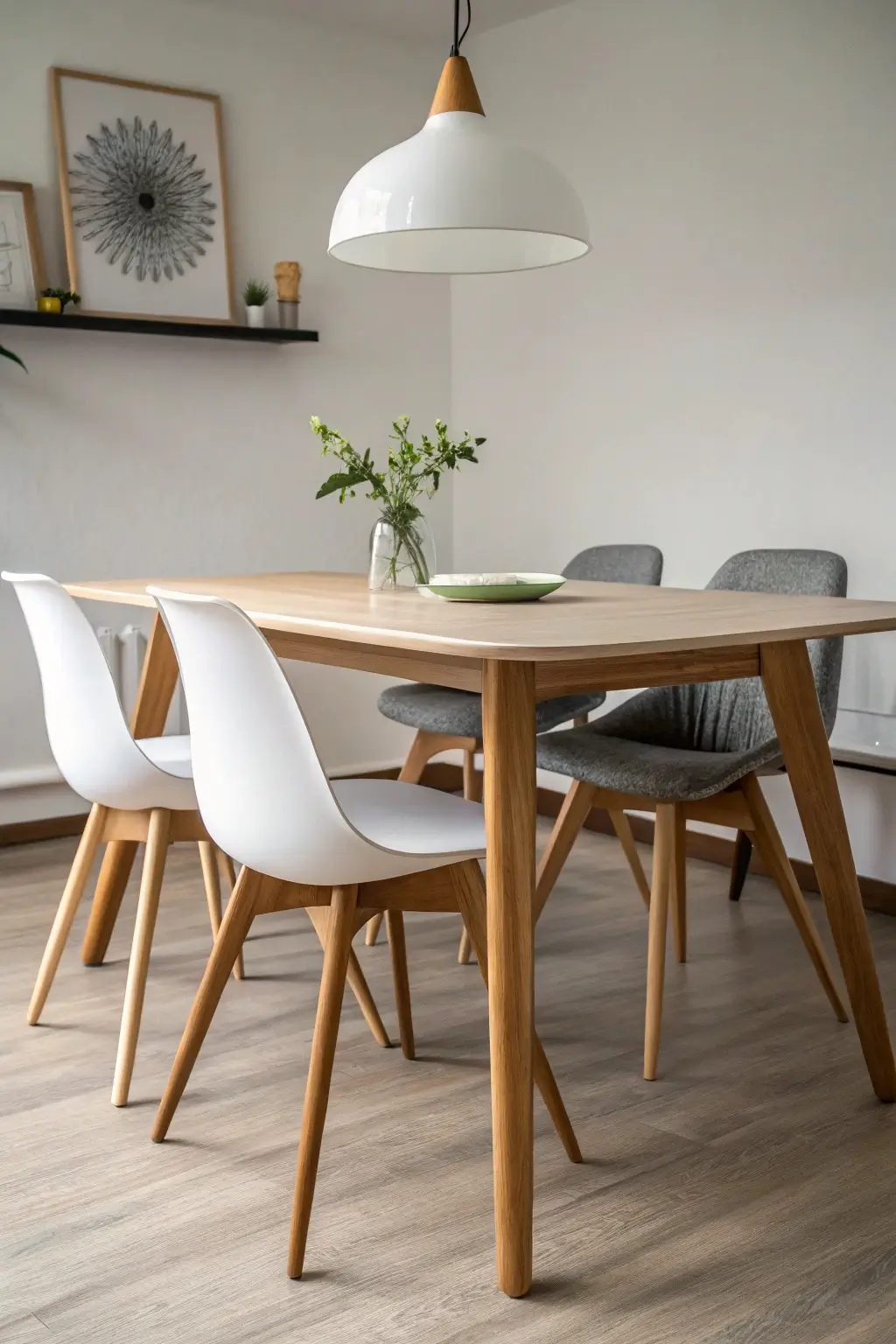 sleek light oak dining table with tapered legs and white chairs, styled in an airy, uncluttered room with a pendant light and soft ambient lighting.