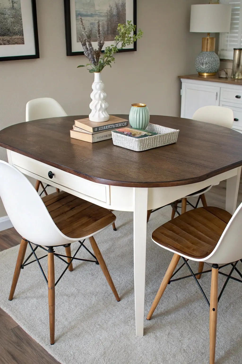 two-tone mid-century modern dining table with a dark walnut top and white laminate sides, styled with cream chairs, a ceramic vase centerpiece, and soft lighting.