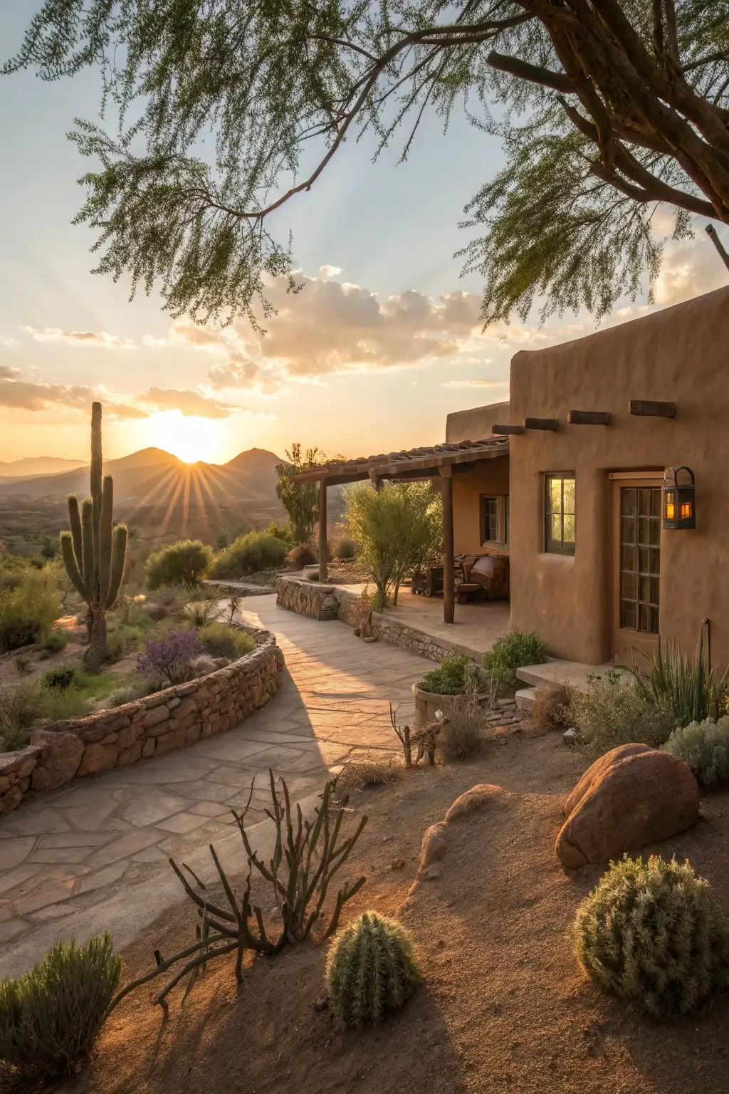 Desert oasis cabin plan in an arid landscape.