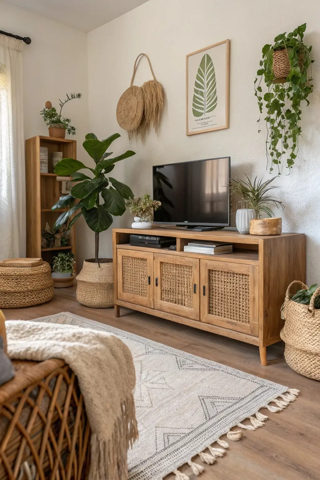 Mid-century modern TV stand with woven rattan door fronts, adding a bohemian touch to a natural living room.