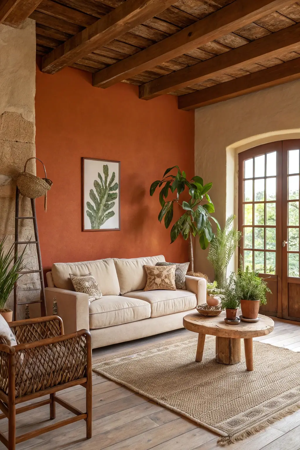 A warm living room, burnt orange walls, beige sofa, natural wood furniture, plants, cozy and inviting, rustic style