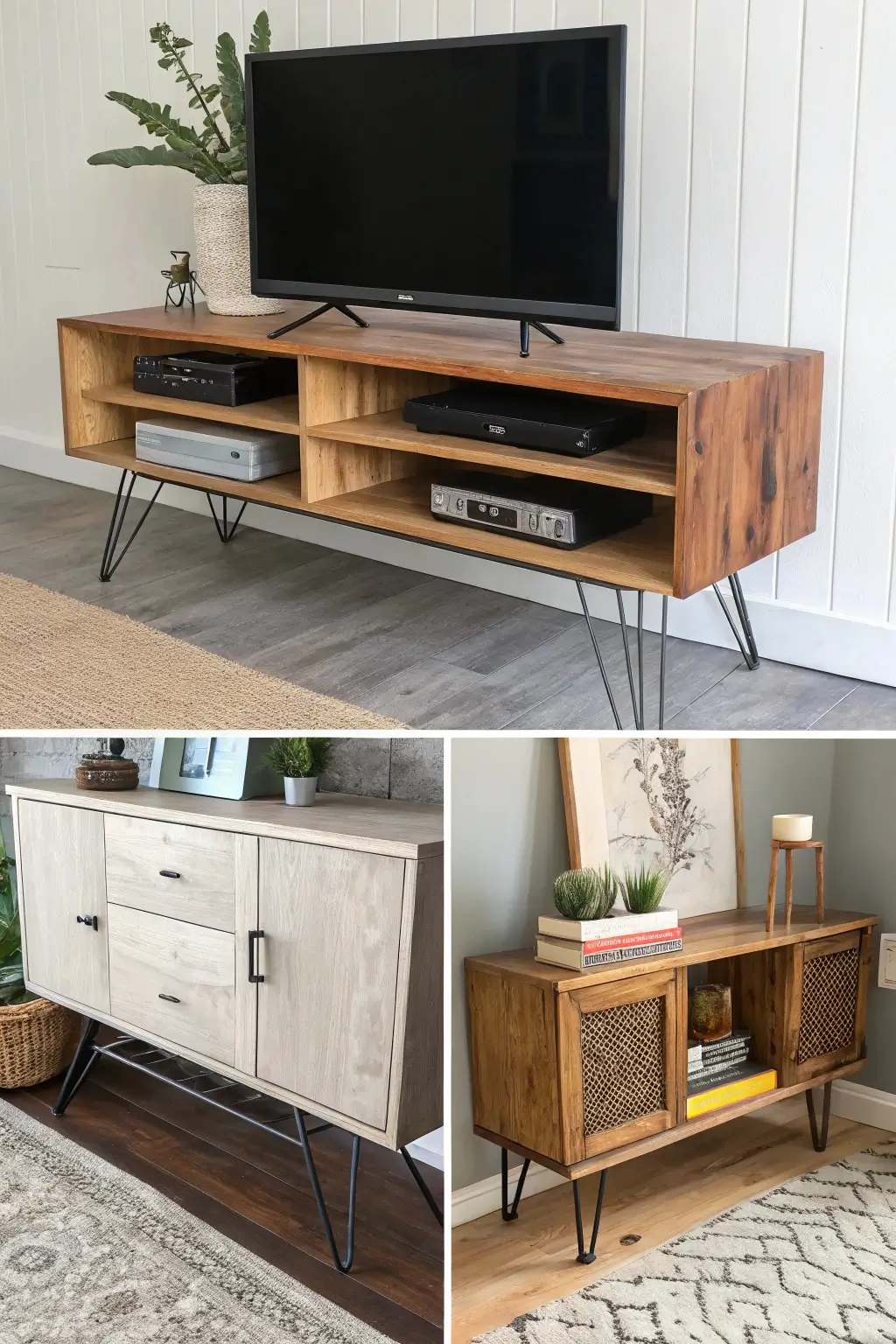 Inspiration collage for DIY mid-century modern TV stands, featuring hairpin legs, repurposed furniture, and simple wood constructions.