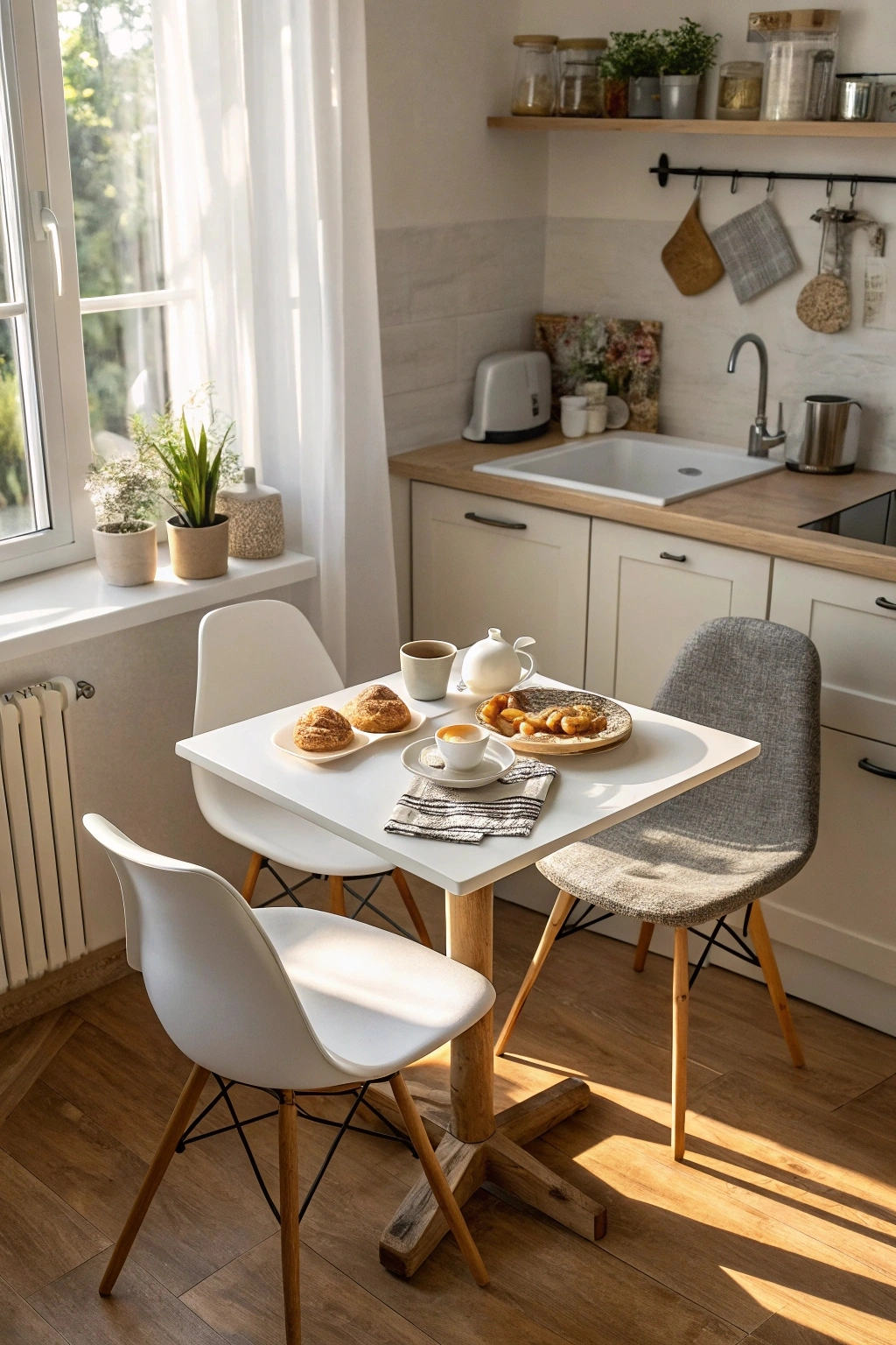 Small square mid century modern dining table.