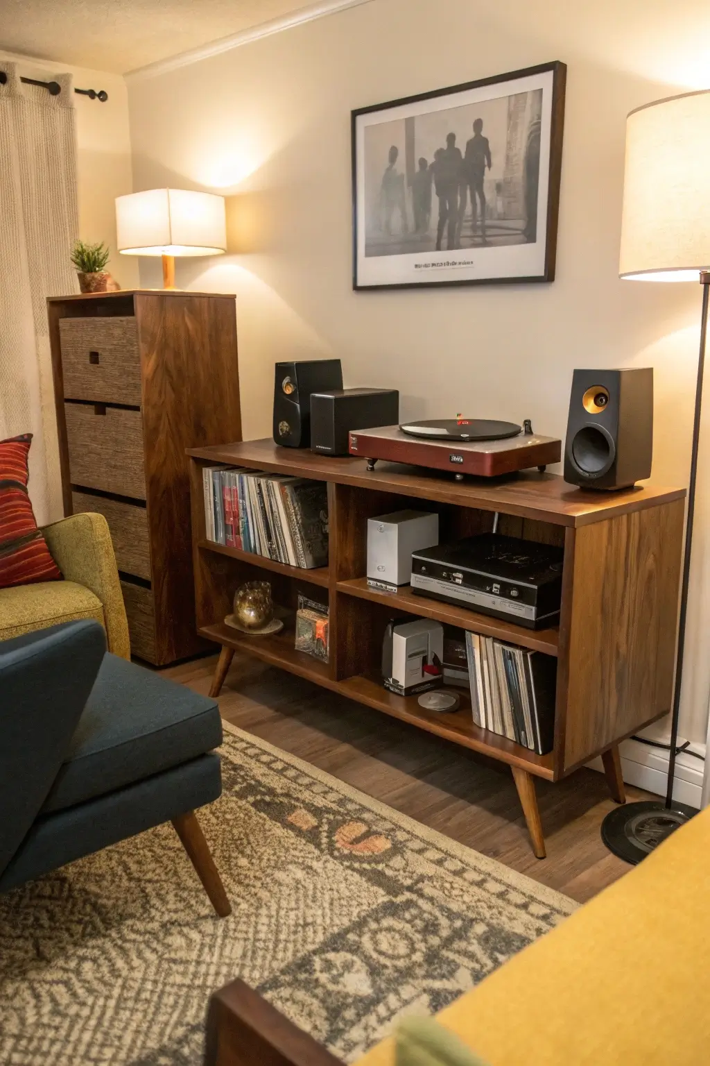 Mid-century modern TV stand with open shelving, styled with books, decor, and plants, turning it into a display unit.