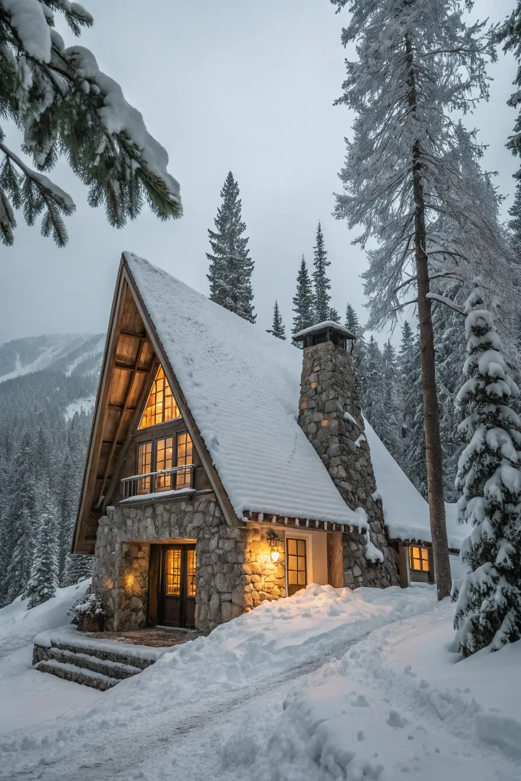 Winter cabin plan in a snowy landscape.