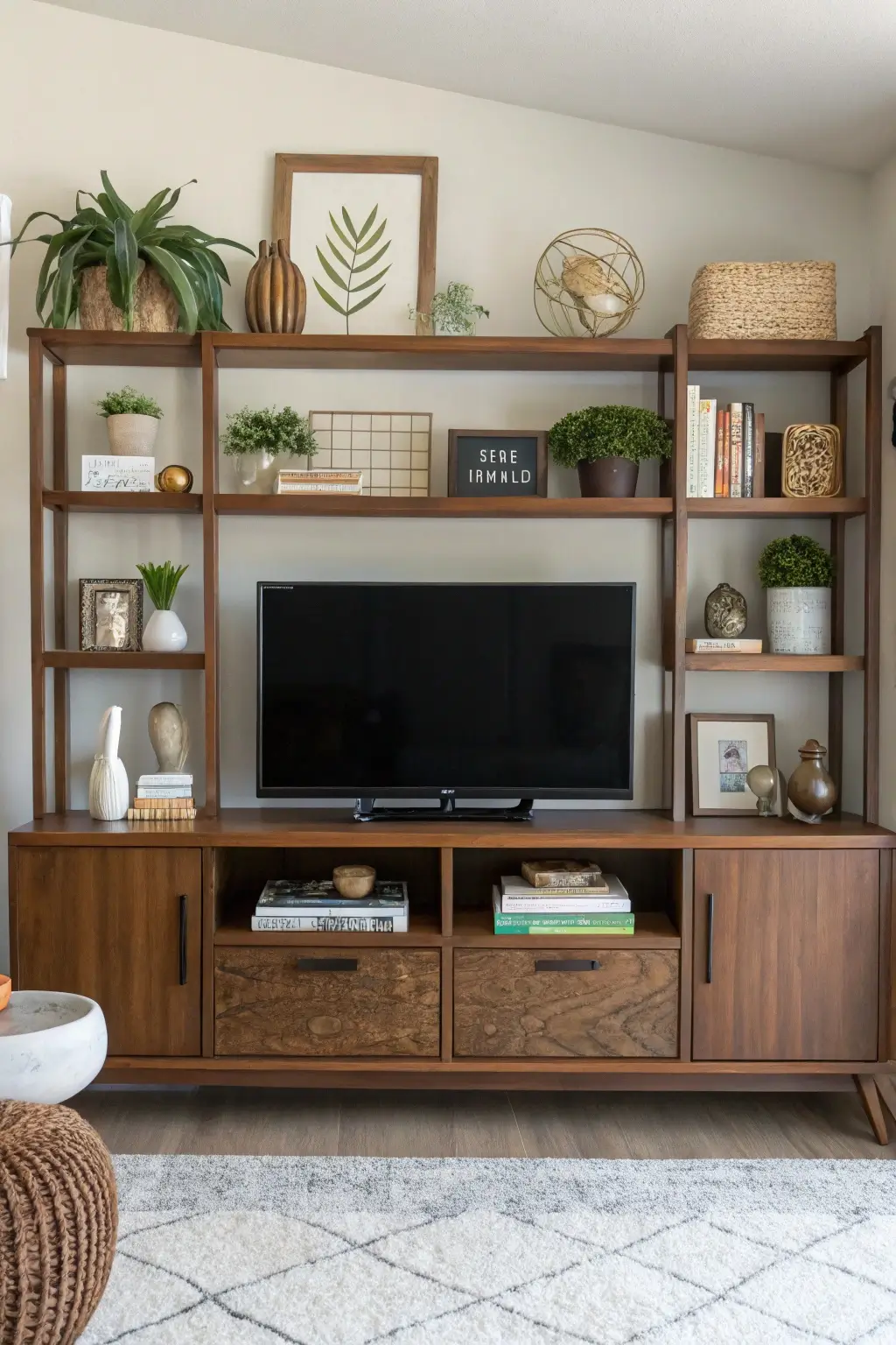 Two-tone mid-century modern TV stand featuring a light wood frame and darker wood doors for contrast in a warm living room.