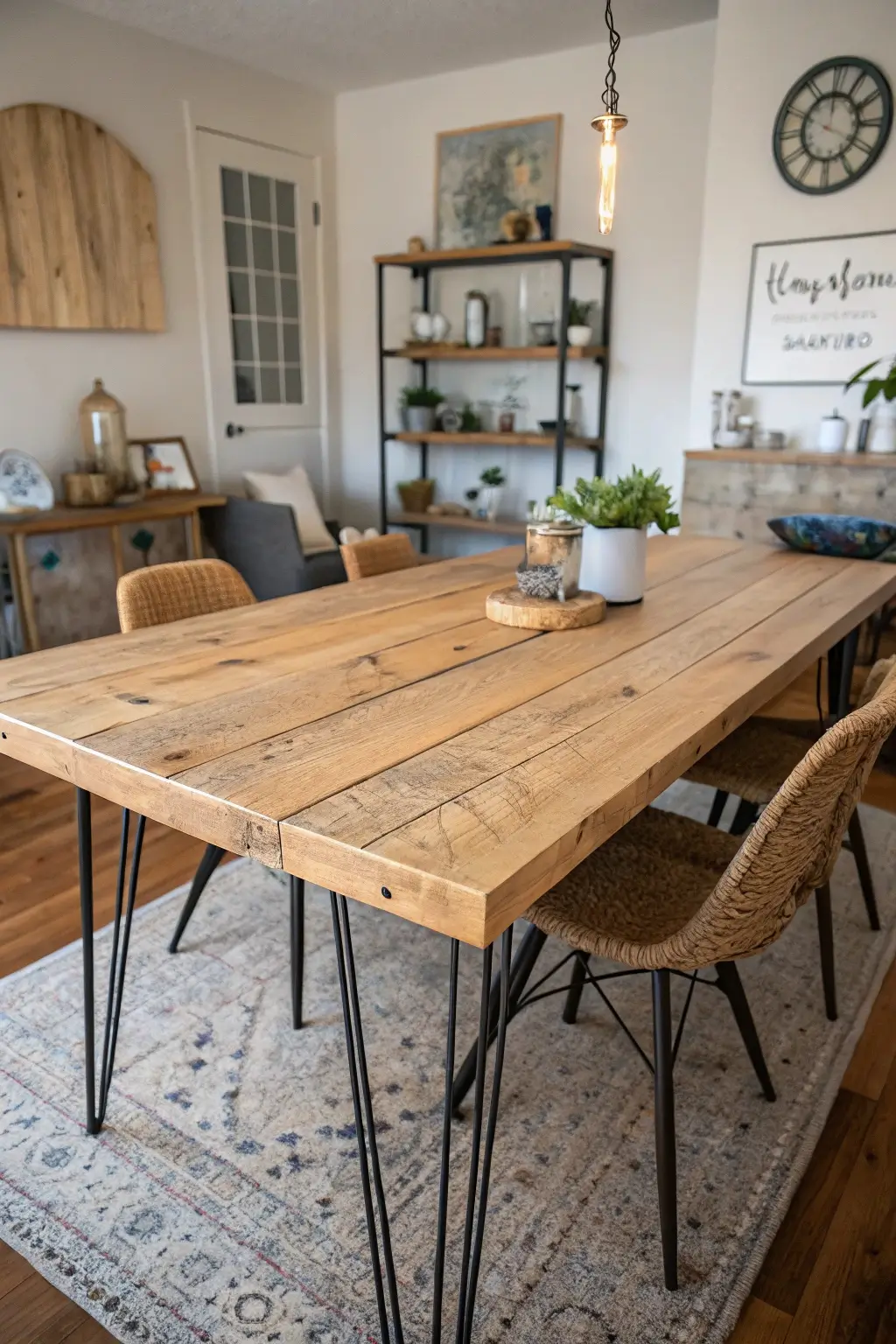 Rustic reclaimed wood dining table with hairpin legs.